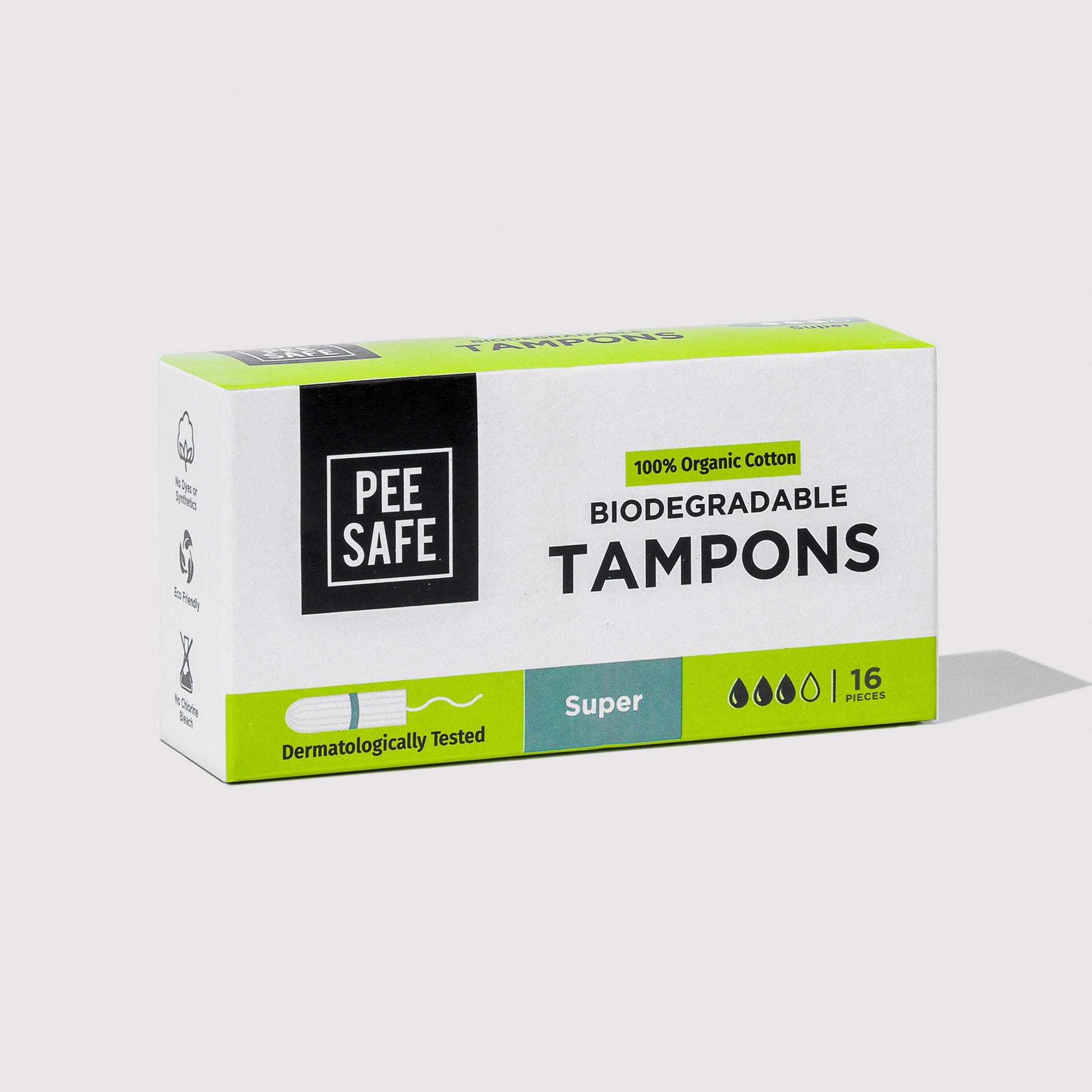 Pee Safe Biodegradable Tampons- Super (16 Tampons) - BYOC