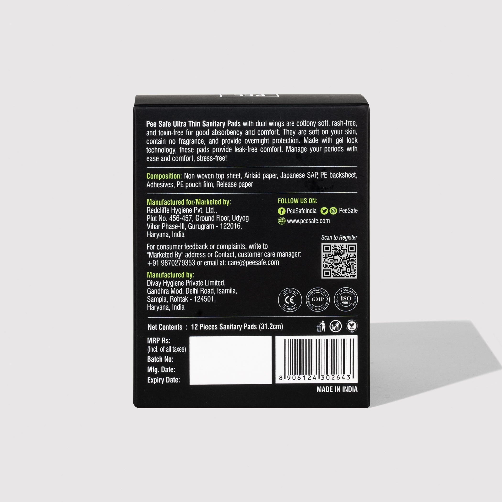 Pee Safe Ultra Thin Sanitary Pads - XXL (12 Pads) - BYOC