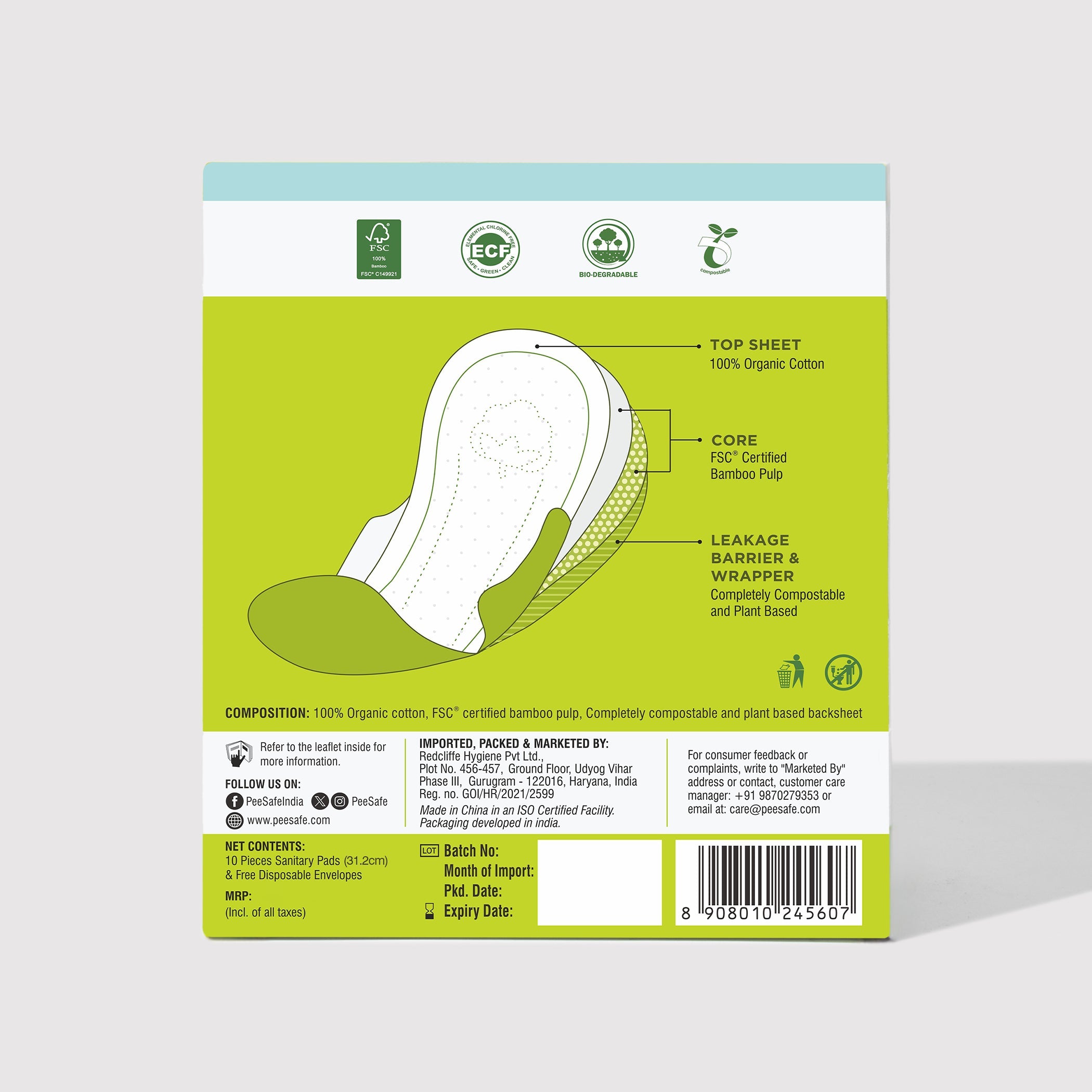 Pee Safe Biodegradable Sanitary Pads - Overnight (Pack of 10)