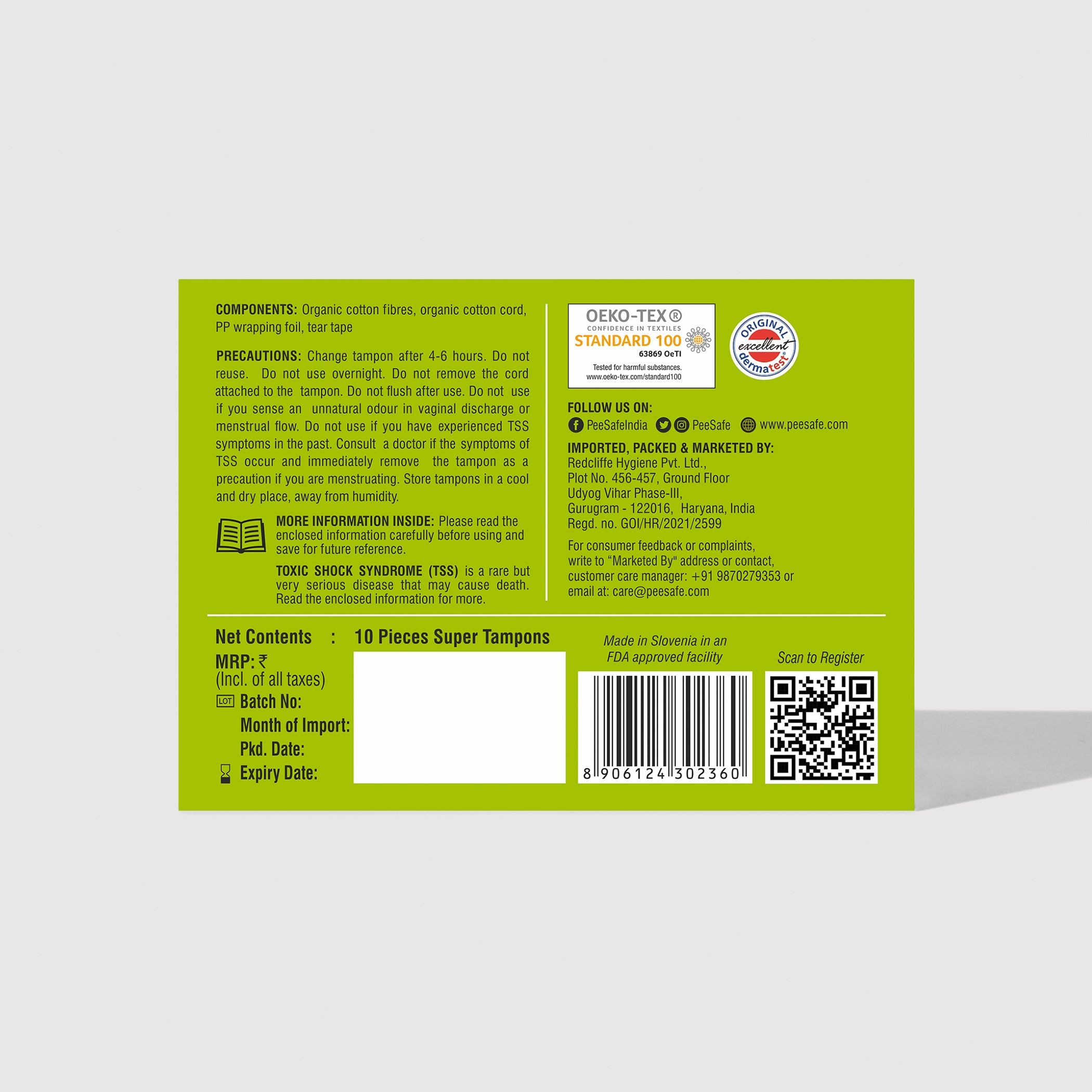 Pee Safe Biodegradable Tampons- Super (10 Tampons)