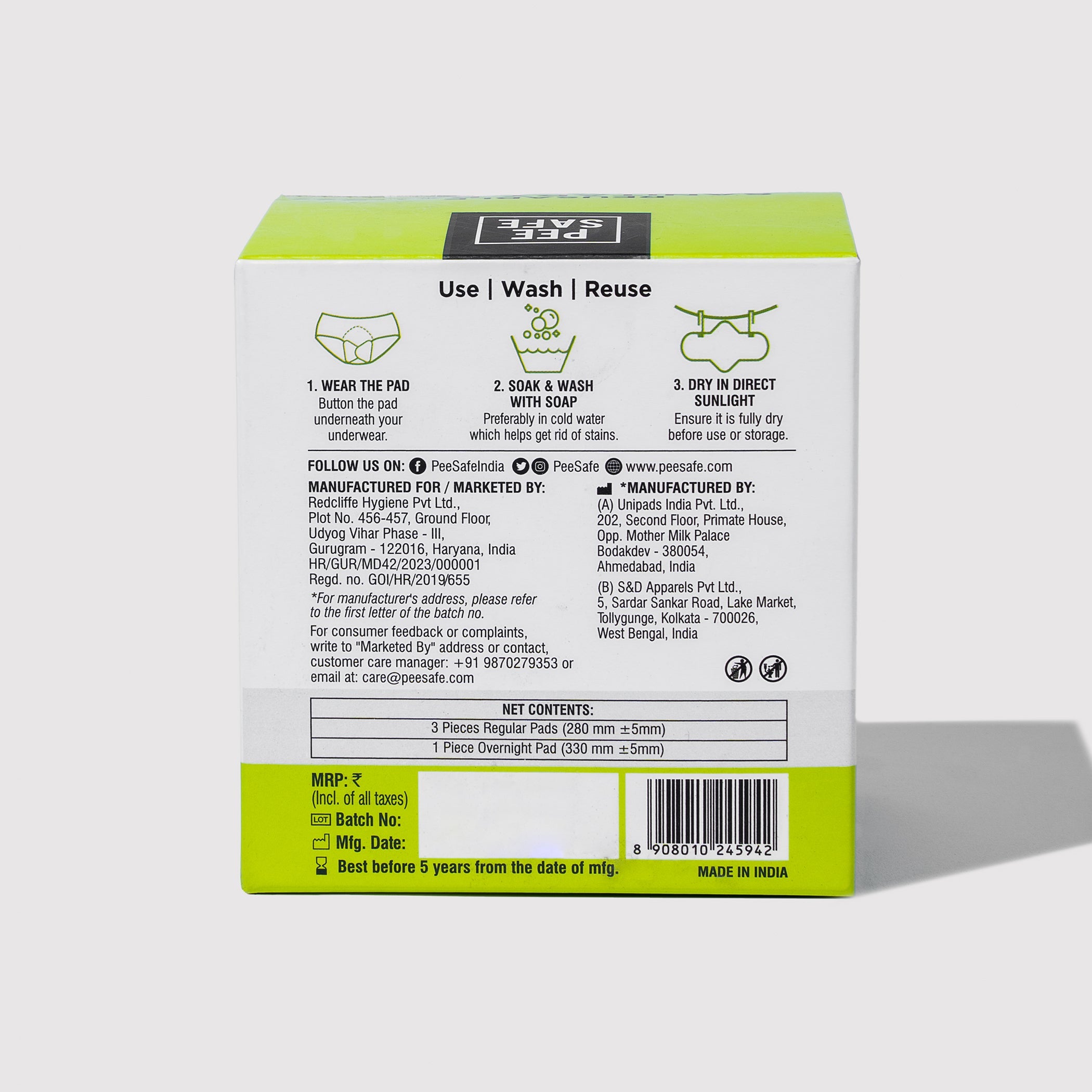 Pee Safe Reusable Sanitary Pads (6 Regular Pads + 2 Night Pads) - Pack of 2